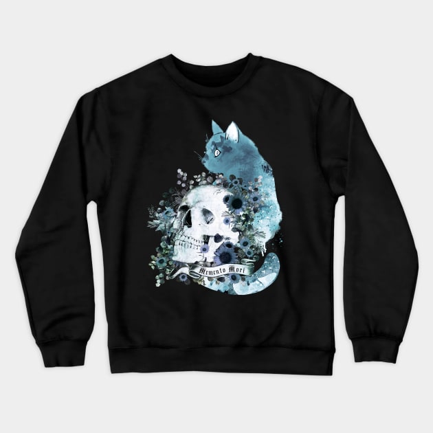 Blue cat and botanic Skull with flowers, memento mori, cat skull, witch, goth, watercolor Crewneck Sweatshirt by Collagedream